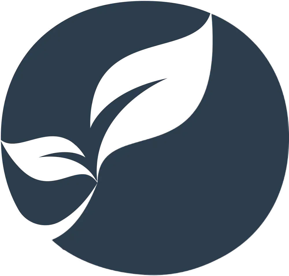 Blue circle with leaf outline in white to represent the growth brought by Bukola